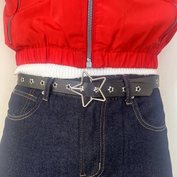 y2k style round studded vegan leather black and silver star studded grunge belt - Picture 1 of 8